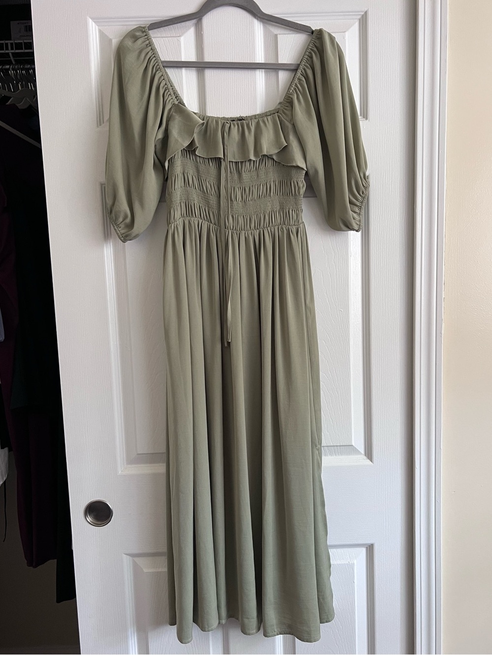 Olive Green Smocked Midi Dress with Puff Sleeves